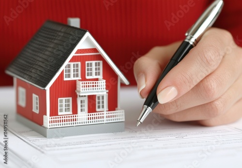 Hand Holding Pen Next to Model House on Real Estate Document