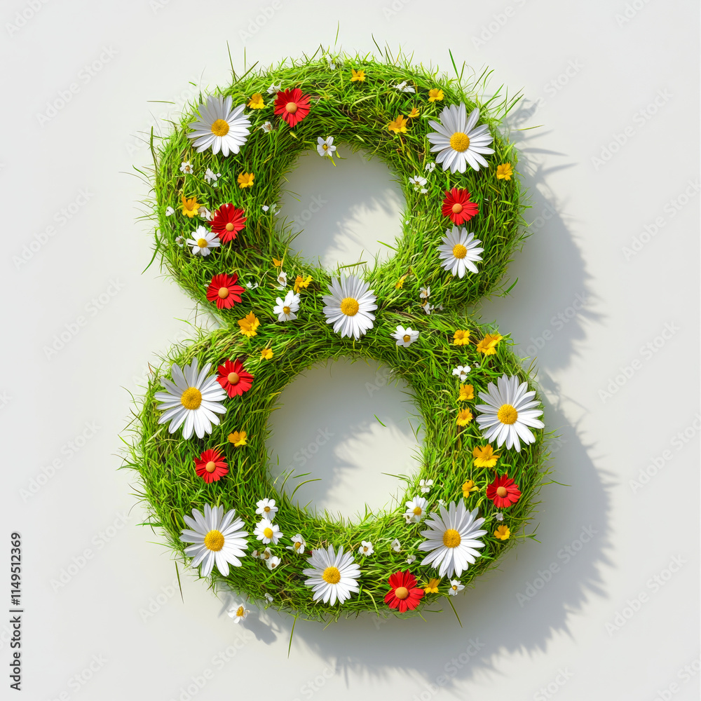Floral number eight with daisies and grass on white background Floral number eight with daisies and grass on white background