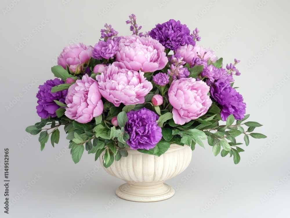 White vase with purple flowers and greenery White vase with purple flowers and greenery