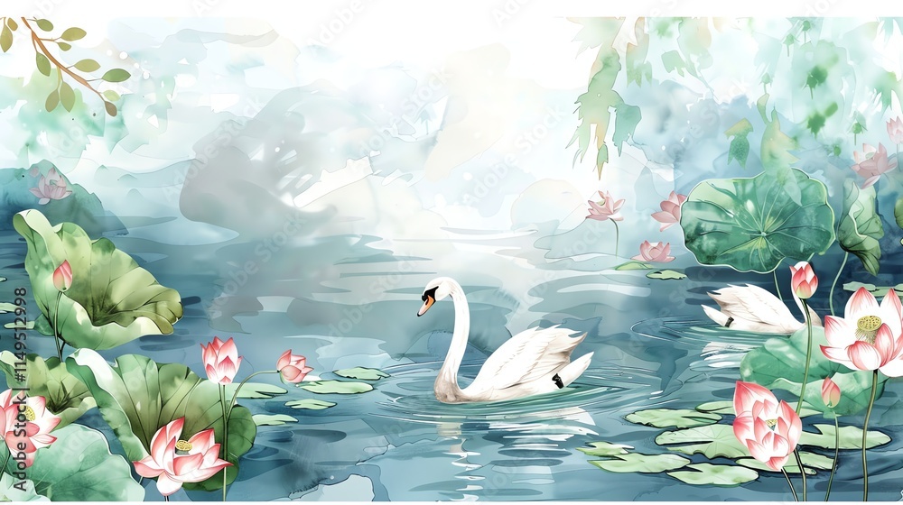 Obraz premium A watercolor painting of a swan swimming in a pond with lotus flowers and lily pads.