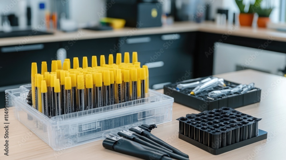 Organized Workspace with Stationery Supplies, Featuring Yellow Markers, Black Pens, and Various Writing Instruments on a Wooden Table in a Bright Office Environment Organized Workspace with Stationery Supplies, Featuring Yellow Markers, Black Pens, and Various Writing Instruments on a Wooden Table in a Bright Office Environment