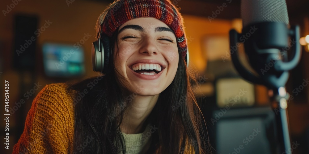 Fototapeta premium Laughing woman at a microphone