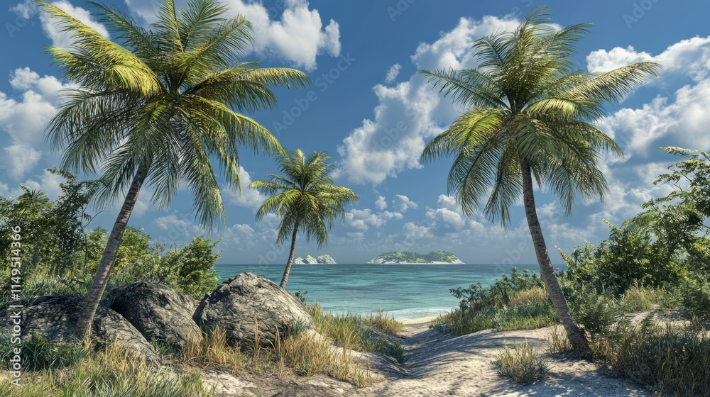 Obraz premium Tropical beach paradise with palm trees and clear blue sky