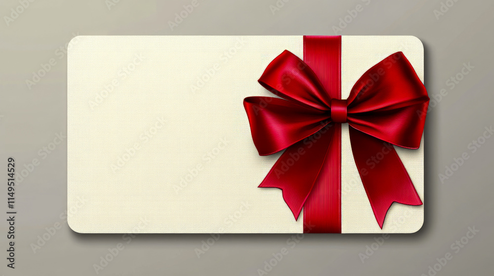 Elegant gift card with red ribbon bow on textured background