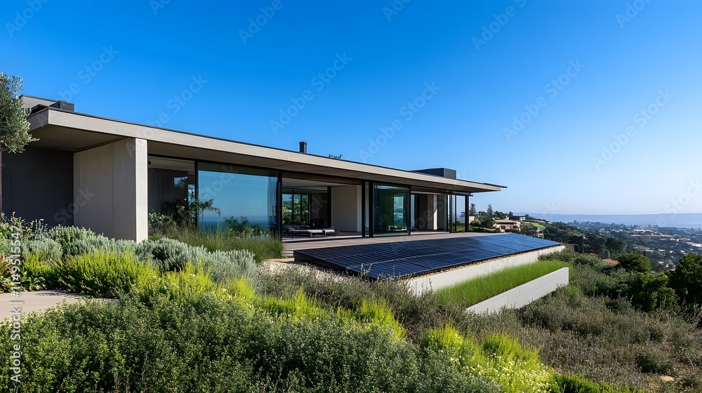 Modern house with solar panels and a stunning view overlooking the landscape in clear weather Modern house with solar panels and a stunning view overlooking the landscape in clear weather
