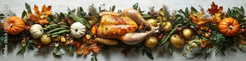 Overhead View of Roasted Chicken Holiday Feast with Autumn Inspired Decorations on White Tablecloth photo