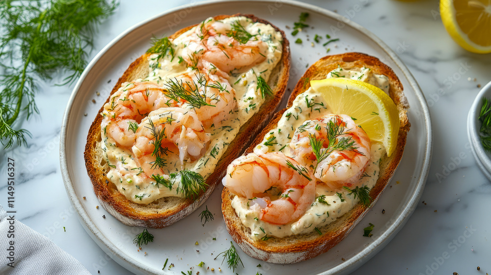 Shrimp toast topped with dill and lemon on a plate Shrimp toast topped with dill and lemon on a plate