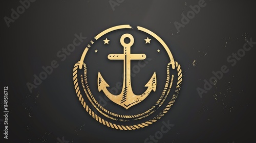 A gold anchor in a circle with rope and stars on a black background.