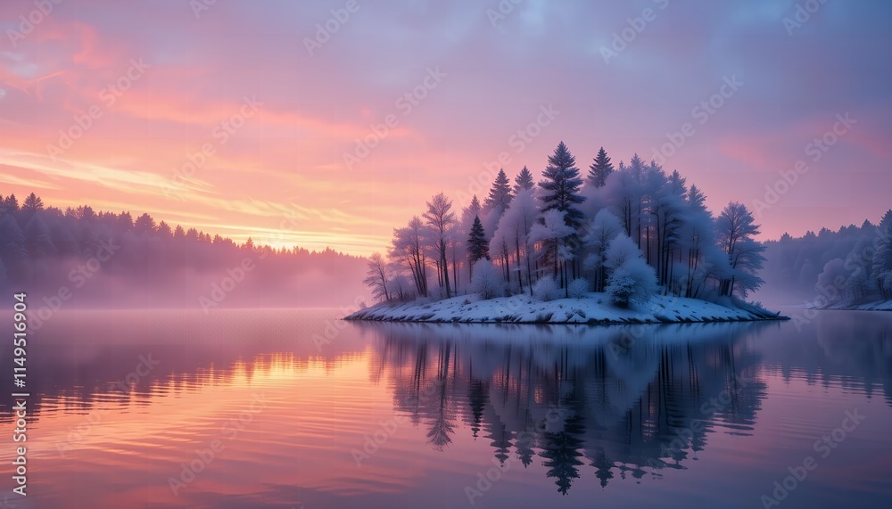 A snow-covered island with frosted trees is reflected in calm water under a vibrant pink and orange sky at sunrise. The peaceful winter creating a serene and captivating atmosphere A snow-covered island with frosted trees is reflected in calm water under a vibrant pink and orange sky at sunrise. The peaceful winter creating a serene and captivating atmosphere