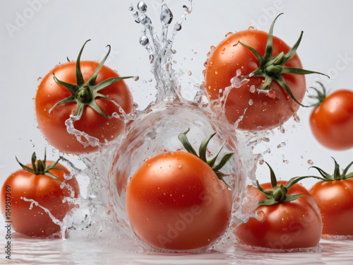 Juicy tomatoes meet splashy encounter; a burst of freshness. photo