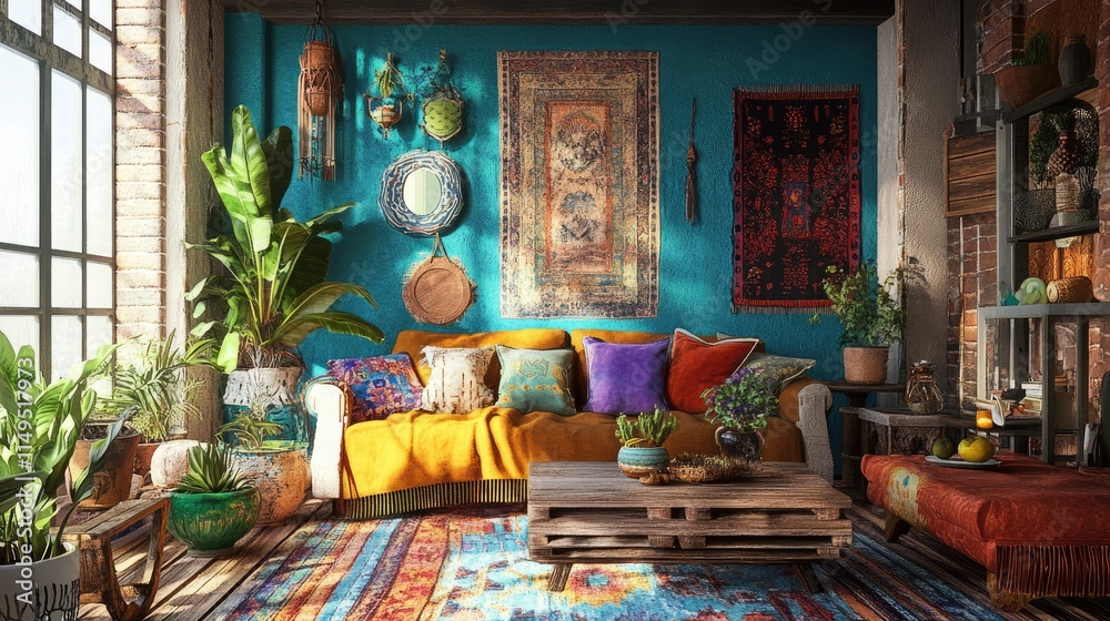 Vibrant bohemian living room with eclectic decorations and lush houseplants Vibrant bohemian living room with eclectic decorations and lush houseplants