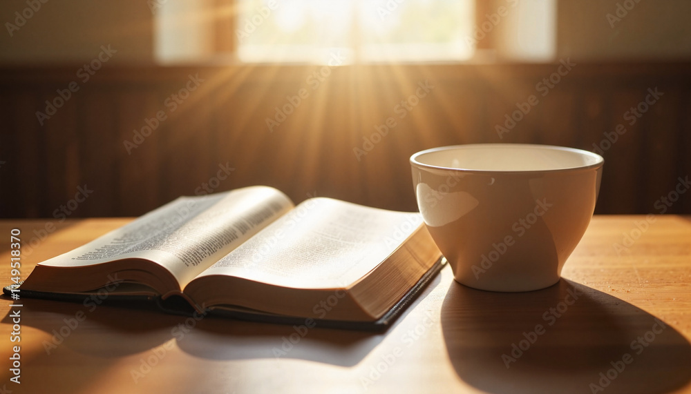 Open Bible beside a white cup on a wooden table illuminated by soft sunlight rays Open Bible beside a white cup on a wooden table illuminated by soft sunlight rays