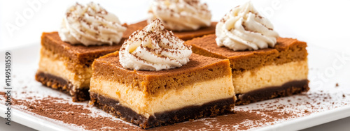 Decadent layered dessert squares with whipped cream and cocoa dusting on a white plate. photo