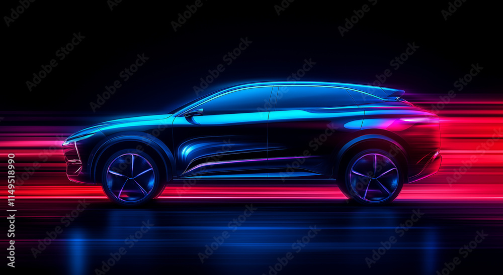 Moving neon glowing sport car silhouette. Vector illustration with side view on high speed moving car with glowing silhouette. Concept of modern and fast electric vehicle. Moving neon glowing sport car silhouette. Vector illustration with side view on high speed moving car with glowing silhouette. Concept of modern and fast electric vehicle.