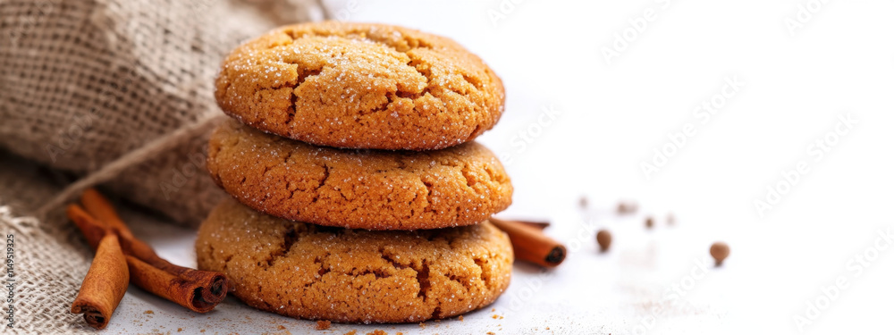 Stack of three golden cinnamon cookies on a rustic burlap background with cinnamon sticks, creating a cozy and inviting atmosphere. Stack of three golden cinnamon cookies on a rustic burlap background with cinnamon sticks, creating a cozy and inviting atmosphere.