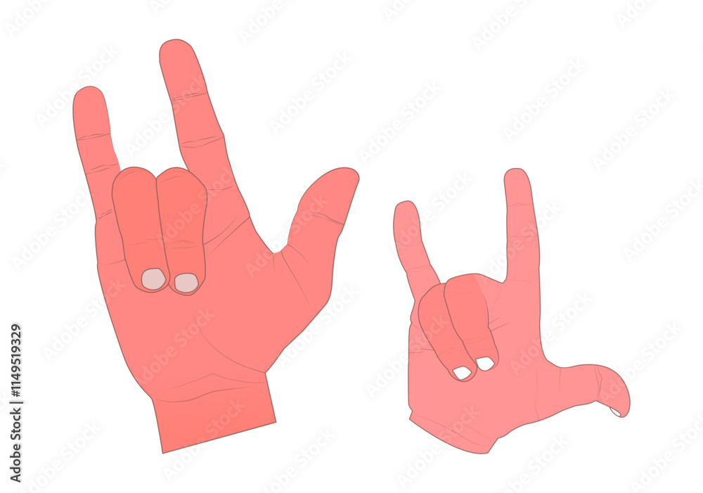 Illustration of dynamic hand gestures of father and son iconic rock 'n' roll signature, music concert, concert poster, band merchandise, album cover, or statement design for apparel and accessories