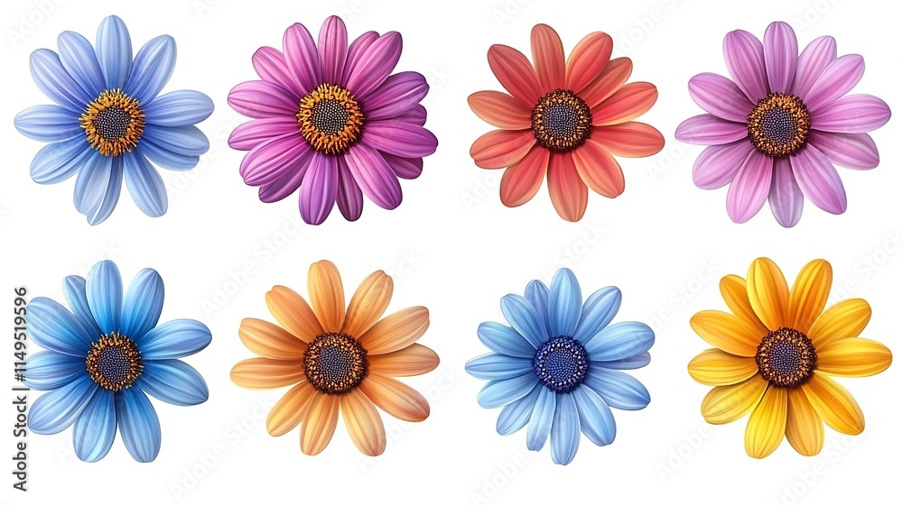 Fototapeta premium Set of colorful daisies flowers isolated on a white background