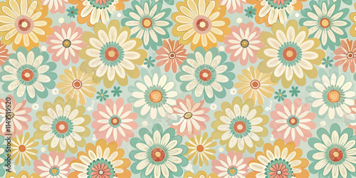 Vibrant floral pattern featuring colorful daisies on a soft teal background.