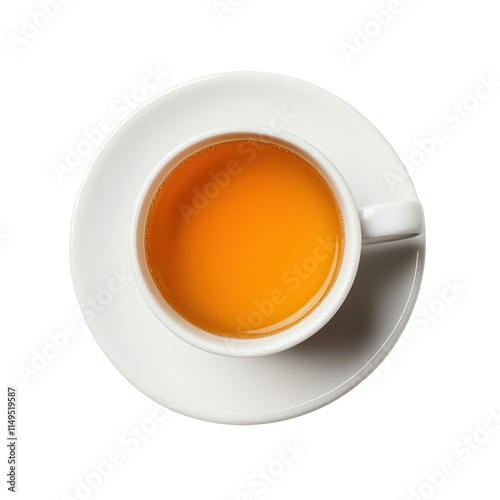 Top view cup of tea sits on a white saucer. The tea is a light yellow color on transparency background PNG