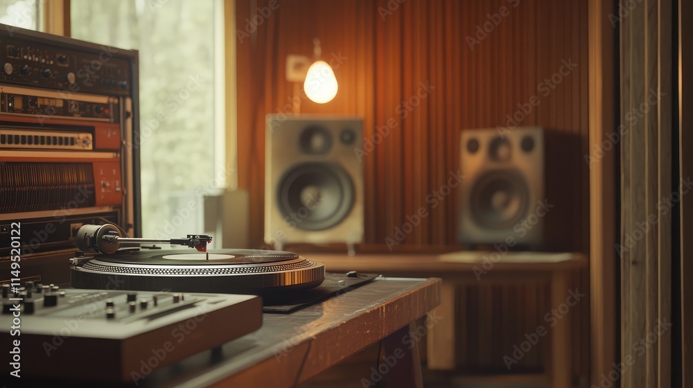 Obraz premium Vintage Turntable in Warmly Lit Room with Retro Audio Equipment and Wooden Accents, Capturing Nostalgia and Love for Music in a Cozy Space