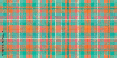 Colorful plaid pattern featuring teal, orange, and pink hues, creating a vibrant textile design.