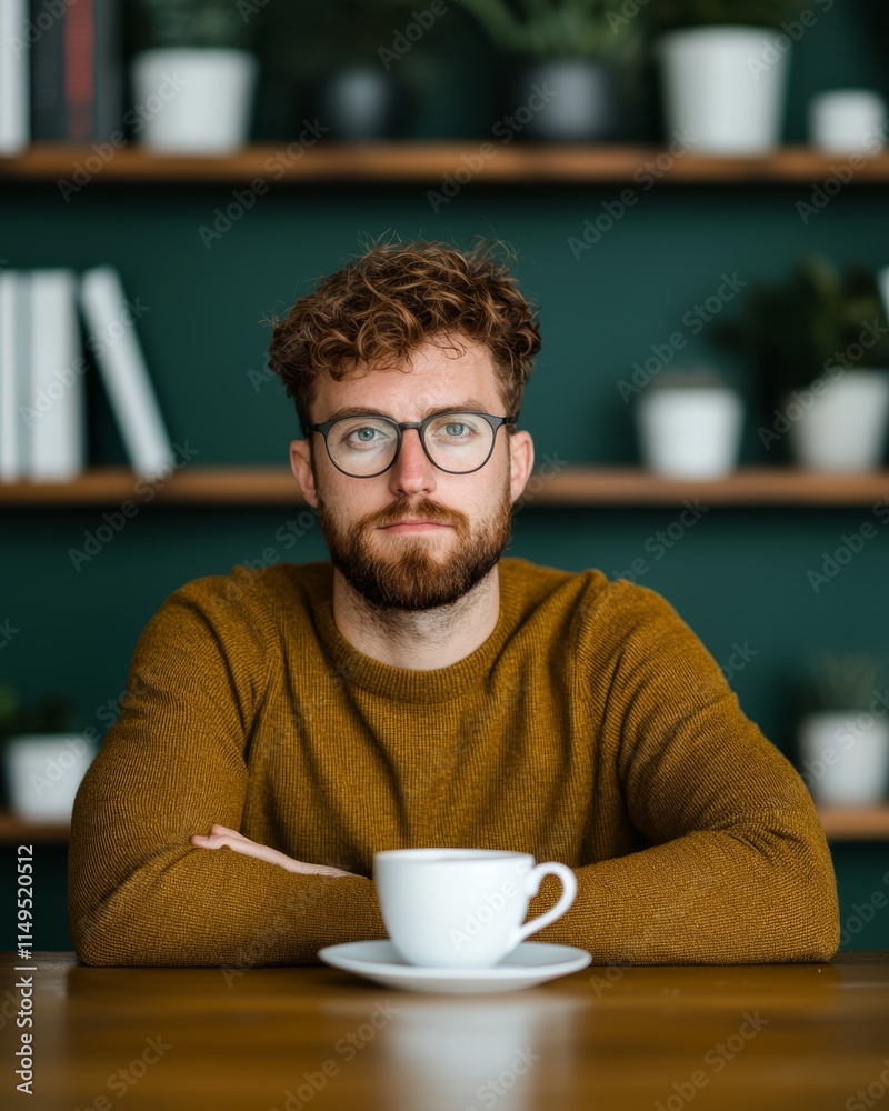 Entrepreneurial Lifestyle concept. Thoughtful Entrepreneur Sipping Coffee in Cozy Workspace with Green Background and Shelves Entrepreneurial Lifestyle concept. Thoughtful Entrepreneur Sipping Coffee in Cozy Workspace with Green Background and Shelves