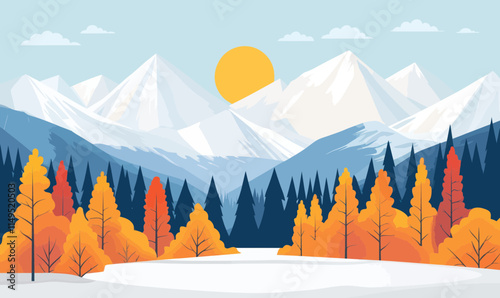 Majestic Autumn Mountain with Snowy Peaks and Vibrant Forest Landscape Vector