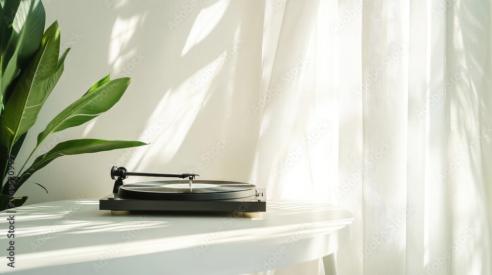 Elegant Vinyl Record Player on a Bright White Table Beside Lush Green Plant with Natural Light Illuminating a Stylish Interior Space Elegant Vinyl Record Player on a Bright White Table Beside Lush Green Plant with Natural Light Illuminating a Stylish Interior Space