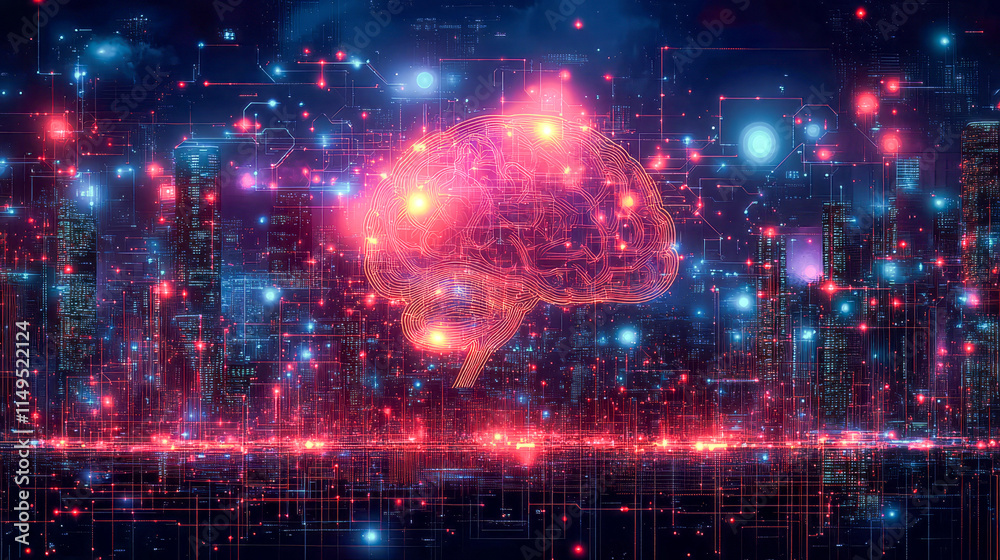 Obraz premium Futuristic digital brain with neural networks and glowing cityscape