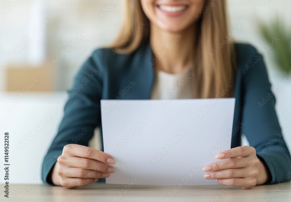 Woman Smiling While Holding Blank Paper in Bright Office Setting Woman Smiling While Holding Blank Paper in Bright Office Setting