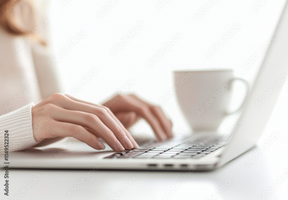 Close Up of Hands Typing on Laptop with Coffee Cup in Background Close Up of Hands Typing on Laptop with Coffee Cup in Background