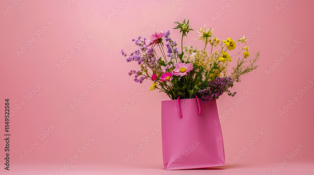 Vibrant wildflowers in pink gift bag against pastel background Vibrant wildflowers in pink gift bag against pastel background