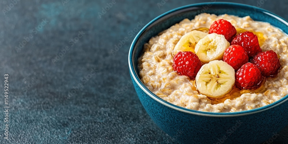 cancer prevention nutrition concept. A bowl of oatmeal topped with banana slices and raspberries, showcasing a healthy, nutritious breakfast option against a dark background. cancer prevention nutrition concept. A bowl of oatmeal topped with banana slices and raspberries, showcasing a healthy, nutritious breakfast option against a dark background.
