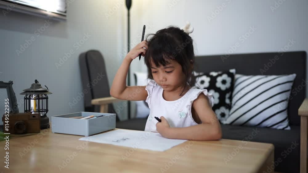 Child drawing with pencils and chalk on the floor at home while studying and playing Child drawing with pencils and chalk on the floor at home while studying and playing