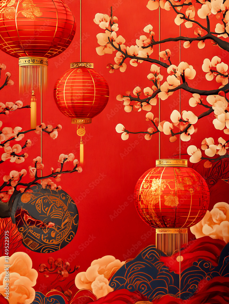Elegant red lanterns and blossoms against cherry red background Elegant red lanterns and blossoms against cherry red background