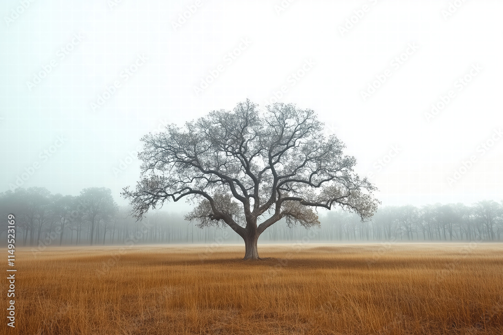 solitary tree stands in misty field, surrounded by fog and tranquility. Generative Ai solitary tree stands in misty field, surrounded by fog and tranquility. Generative Ai