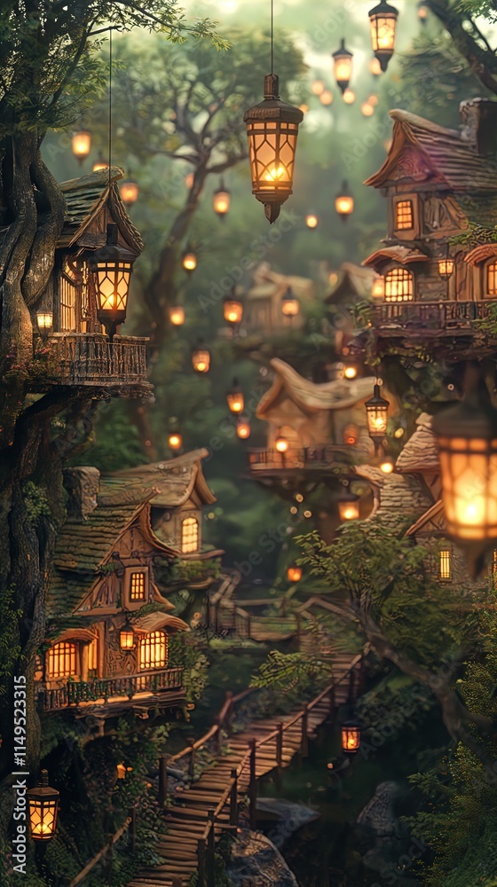 Enchanting fantasy village nestled in a dense, lush forest, featuring whimsical treehouses illuminated by soft, warm lantern light. The scene captures intricate wooden architecture with charming balco