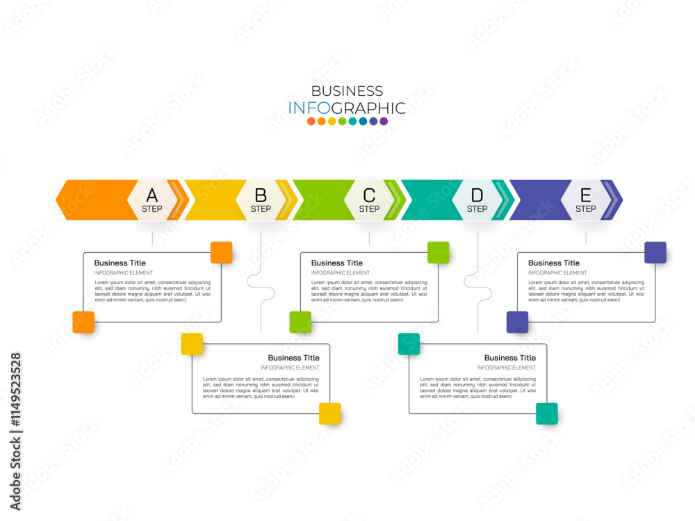 Naklejka premium Business process chart infographics with 5 step, timeline infograph elements. Company presentation slide template. Modern vector info graphic layout design.