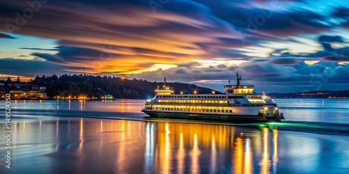 Puget Sound Ferry, Washington State, Long Exposure, Night Photography, Sailing, Island Views, Scenic, Water, Boats, Twilight, Dramatic Sky