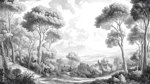 vintage drawing landscape forests of ancient European of trees wallpaper black and white Design for wallpaper, wall art, fresco, mural