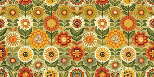 A vibrant floral pattern adorned with colorful flowers in warm hues of orange, yellow, and green.