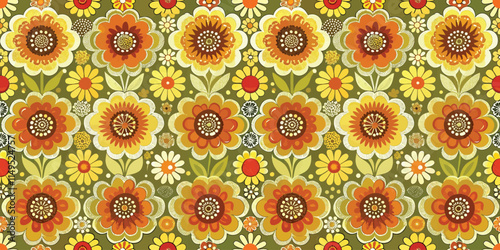 Vibrant floral pattern featuring orange and yellow flowers on a green background.