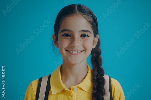 Happy students.     The cheerful girl smiles at the camera as she stands with...