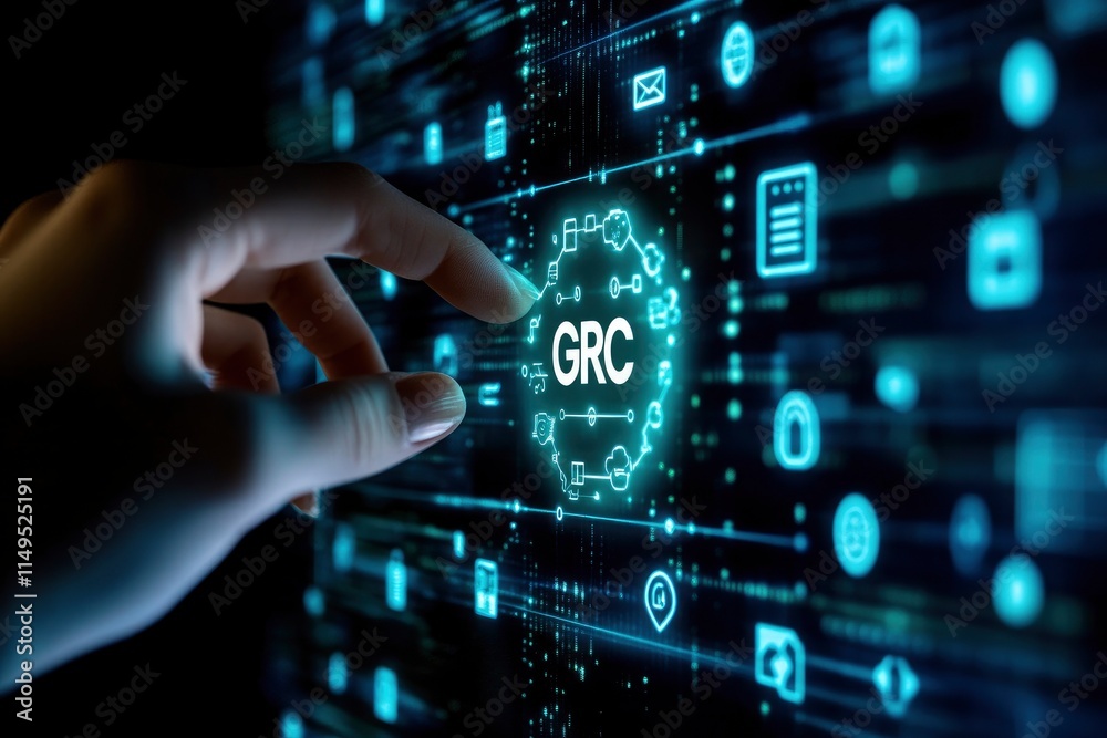 Hand touching a GRC icon on a digital screen, with a technology background Hand touching a GRC icon on a digital screen, with a technology background