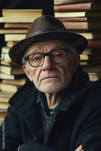 Elderly man with glasses and hat posing in front of a stack of books