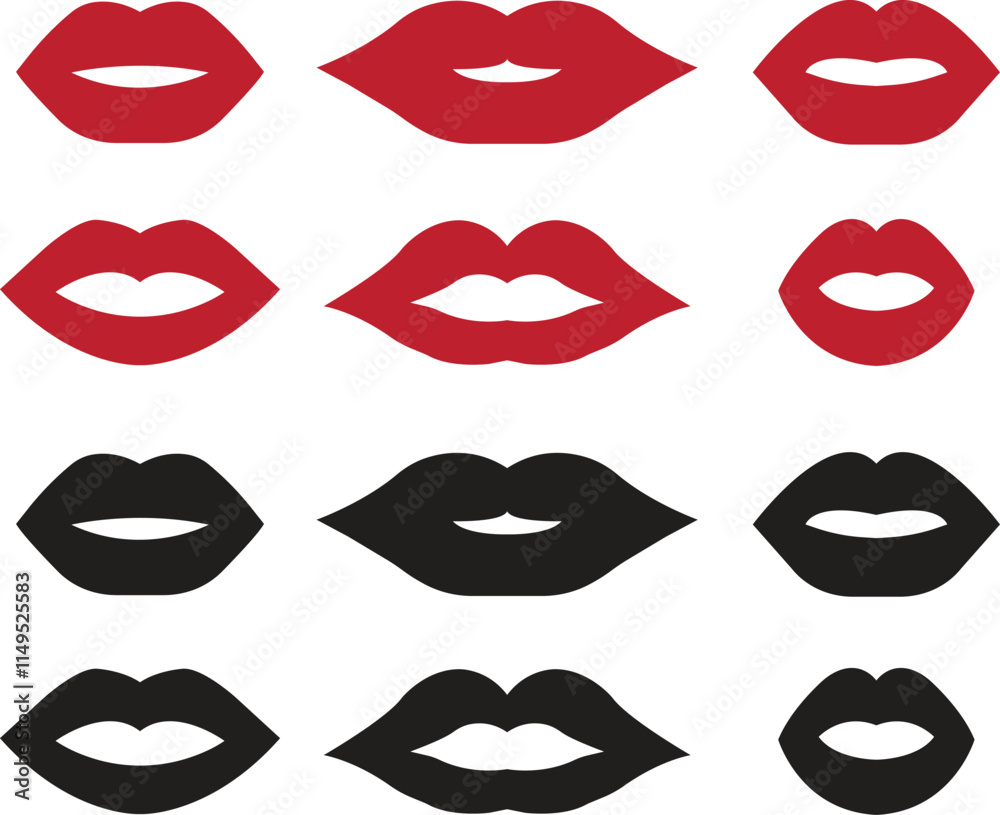 Lips gesture red and black flat icons set. Mouth expressing emotions signs. Design elements for romantic poster. love symbols. Concept of beauty and fashion print isolated on transparent background. Lips gesture red and black flat icons set. Mouth expressing emotions signs. Design elements for romantic poster. love symbols. Concept of beauty and fashion print isolated on transparent background.