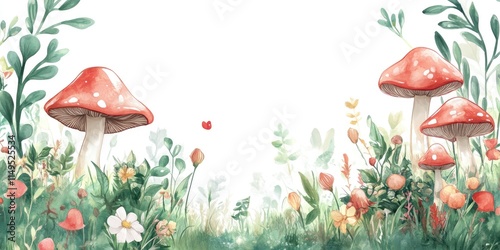 Mushrooms in the garden, flowers and plants, watercolor painting, delicate colors, white background.