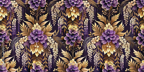 A vibrant floral pattern featuring intricate purple and gold blooms against a rich black background.