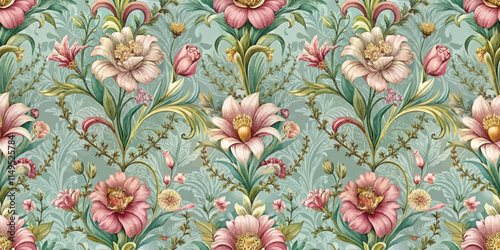 Wallpaper Mural An intricate floral pattern featuring soft pink and cream flowers on a mint green background. Torontodigital.ca