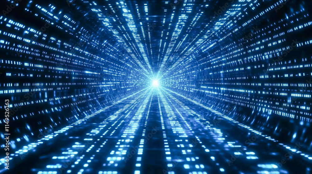 Futuristic blue data tunnel with bright light at the end Futuristic blue data tunnel with bright light at the end